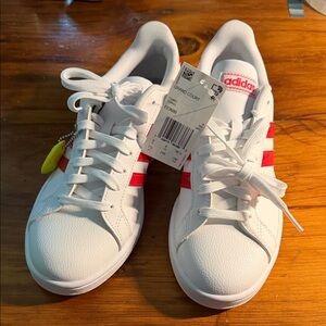 ADIDAS leather grand court kicks with hot pink patent leather classic stripes